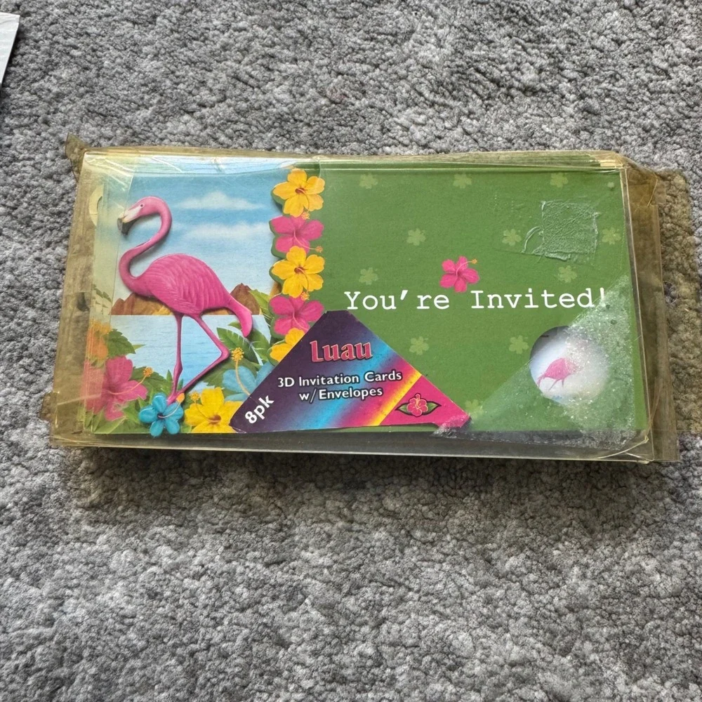 New VTG Greenbrier Luau 3D‎ Invitation Cards 8pk Pink Flamingo Tropical Party